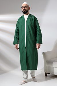 Yeşil Erkek Namaz Elbisesi V Yaka Düğmesiz Önü Açık Namaz Cübbesi ürün fotoğrafı