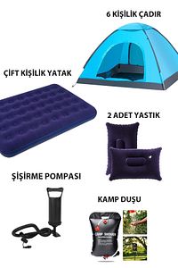 6 Kişilik Kamp Çadırı Çift Kişilik Yatak 2 Yastık Kamp Duşu Seti ürün fotoğrafı
