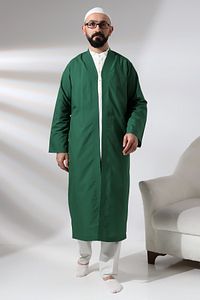 Yeşil Erkek Namaz Elbisesi V Yaka Düğmesiz Önü Açık Namaz Cübbesi ürün fotoğrafı