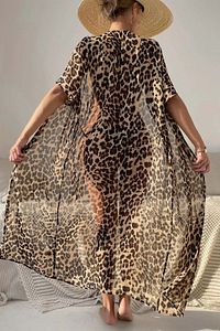 Şifon Uzun Önden Bağlamalı Leopar Plaj Elbisesi Pareo Kimono ürün fotoğrafı