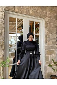 Kadın Siyah Saten Kemerli Bellae Elbise ürün fotoğrafı