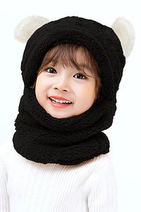 Panda Çocuk Kapşonlu Peluş Bere Atkı Welsoft Boyunluk Rüzgar Geçirmez Kulaklı Şapka Siyah ürün fotoğrafı