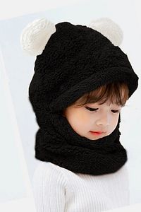 Panda Çocuk Kapşonlu Peluş Bere Atkı Welsoft Boyunluk Rüzgar Geçirmez Kulaklı Şapka Siyah ürün fotoğrafı