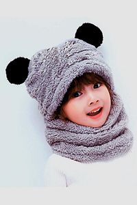 Panda Gri Çocuk Kapşonlu Peluş Bere Atkı Welsoft Boyunluk Rüzgar Geçirmez Kulaklı Şapka 2-3 Yaş ürün fotoğrafı
