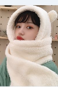 Kapşonlu Beyaz Peluş Bere Atkı Kadın Welsoft Polar Boyunluk Şalı Rüzgar Geçirmez Kulaklı Şapka ürün fotoğrafı