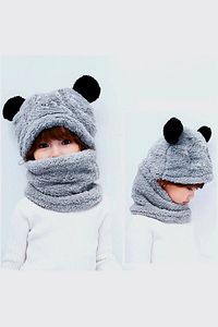 Panda Gri Çocuk Kapşonlu Peluş Bere Atkı Welsoft Boyunluk Rüzgar Geçirmez Kulaklı Şapka 2-3 Yaş ürün fotoğrafı