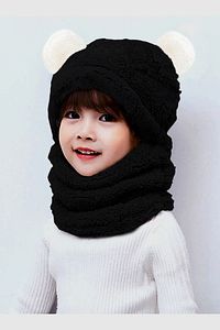 Panda Çocuk Kapşonlu Peluş Bere Atkı Welsoft Boyunluk Rüzgar Geçirmez Kulaklı Şapka Siyah ürün fotoğrafı