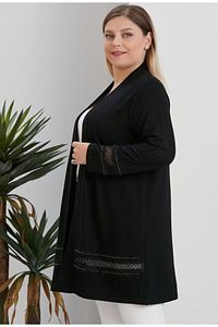 Kadın Büyük Beden Kol ve Etek Ucu Güpür Taş Detaylı Ön Açık Örme Midi Boy Esnek Hırka ürün fotoğrafı