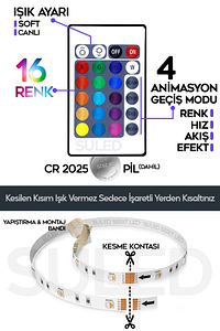 Şerit Led 5 Metre Animasyonlu Tak Çalıştır Kumandalı Trafolu Rgb Şerit Işık Aydınlatma Parti Led ürün fotoğrafı