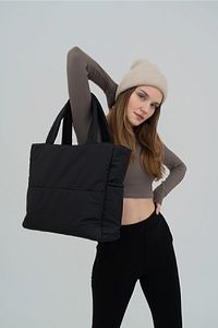 Kabartmalı Puf Kumaş Shopper Çanta Napoli Siyah ürün fotoğrafı