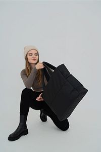 Kabartmalı Puf Kumaş Shopper Çanta Napoli Siyah ürün fotoğrafı