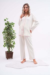 Önden Düğmeli Ayarlanabilir Bel Kol ve Paça Fırfır Detaylı Hamile ve Lohusa Pijama Takımı ürün fotoğrafı