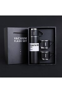 Paslanmaz Çelik Termos Siyah Renk 3 Bardaklı 500 ml Termos Seti Vakumlu Termos Set ürün fotoğrafı
