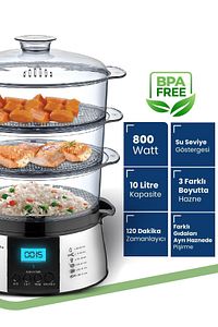 Cookfit Dijital Ekranlı 120 Dakika Zaman Ayarlı 10 Litre Dijital Buharlı Pişirici ürün fotoğrafı