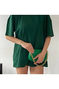 Unisex Yeşil Bisiklet Yaka Pamuk Oversize Boyfriend T-shirt ürün fotoğrafı