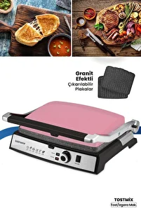 Tostmix Pembe Paslanmaz Çelik 2000 Watt Granit Çıkarılabilir Plakalı Tost Ve Izgara Makinesi ürün fotoğrafı