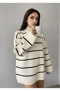 Kadın Kazak,Kadın Oversize Çizgili Yarım Balıkçı Yaka Triko Kazak, Çizgili Kazak,Oversize Kazak ürün fotoğrafı