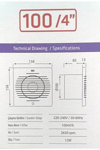 100 Lük Banyo-wc Ve Mutfak Aspiratörü Havalandırma Fanı 12w 15,8 Cm ürün fotoğrafı