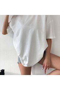 Unisex Kalın Kumaştan Pamuk Beyaz Bisiklet Yaka Oversize Boyfriend T-shirt ürün fotoğrafı