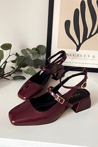 Kadın Mary Jane Bordo Rugan Arkası Açık Kare Burunlu Baretli Kısa Blok Topuklu Ayakkabı Cherry Red ürün fotoğrafı