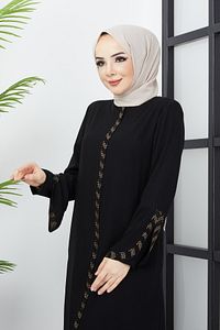Büyük Beden Taş Detaylı Siyah Ferace ürün fotoğrafı