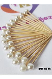 100 Adet Dekoratif Yuvarlak Inci Pasta Kürdanı 6 Cm - Inci 8 Mm - Nişan Söz Incili Kürdan ürün fotoğrafı