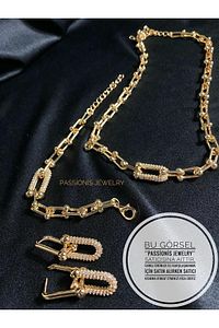 Gold Tiffany Zincir Zirkon Taşlı Kolye Bileklik Küpe 3lü Takım ürün fotoğrafı