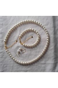 Kadın Inci Kolye , Küpe , Bileklik Set -8 Mm 1.kalite Cam Inci ürün fotoğrafı