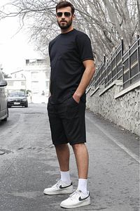 Erkek Şort Siyah Likralı Esnek Fitness Antrenman Spor %100 Pamuk Ter Tutmaz. ürün fotoğrafı