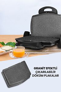 Trihot 3 In 1 Granit Çıkarılabilir Plakalı Waffle Izgara Tost Makinesi 6 Dilim Siyah ürün fotoğrafı