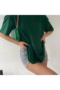 Unisex Yeşil Bisiklet Yaka Pamuk Oversize Boyfriend T-shirt ürün fotoğrafı