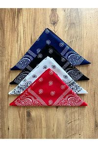 %100 Pamuk Orjınal 4 Adet Etnik Desenli Bandana - Siyah Beyaz Kırmızı Lacivert ürün fotoğrafı
