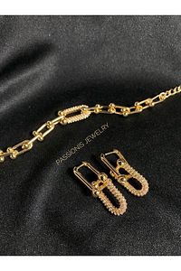 Gold Tiffany Zincir Zirkon Taşlı Kolye Bileklik Küpe 3lü Takım ürün fotoğrafı