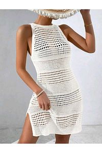Ajurlu Desen Bikini Üstü Bisiklet Yaka Kolsuz Plaj Elbisesi ürün fotoğrafı