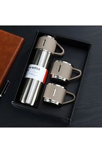 Paslanmaz Çelik Termos Krom Renk 3 Bardaklı 500 ml Termos Seti Vakumlu Termos Set ürün fotoğrafı