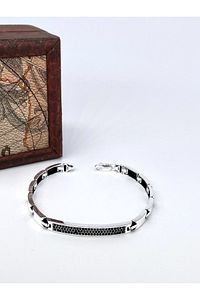 925 Ayar Rodyum Kaplama Oniks Taşlı Plaka Model Gümüş Erkek Bileklik ürün fotoğrafı