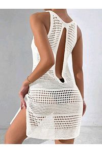 Ajurlu Desen Bikini Üstü Bisiklet Yaka Kolsuz Plaj Elbisesi ürün fotoğrafı