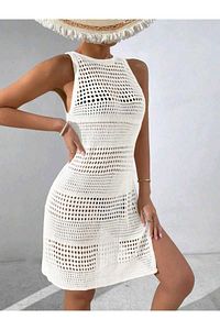 Ajurlu Desen Bikini Üstü Bisiklet Yaka Kolsuz Plaj Elbisesi ürün fotoğrafı