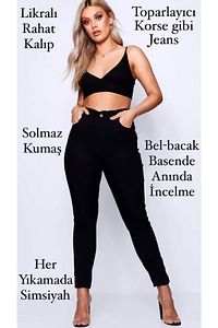 Sinemstyle Büyük Beden Likralı Siyah Toparlayıcı Kot Pantolon ürün fotoğrafı