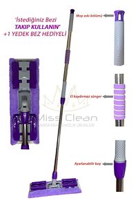 ( 1 Adet Yedek Bez Hediyeli ) Yer Mopu Fayans Duvar Yüzey Temizlik Mikrofiber Mandallı Mop ürün fotoğrafı
