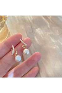 Gerçek Inci Detaylı 14k Altın Kaplama Zirkon Taşlı Küpe ürün fotoğrafı