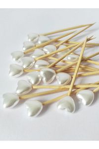 60 Adet Dekoratif Kalp Incili Kokteyl Kürdanı 6 Cm - Kalp 10 Mm Nişan Söz Kalpli Kürdan ürün fotoğrafı