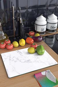 Cam Kesme Tahtası Ve Sunum Tablası | Beyaz Mermer Görünümlü | 30cm X 40cm ürün fotoğrafı