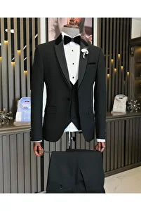 İtalyan kesim slim fit ceket yelek pantolon damatlık set Siyah T4547 ürün fotoğrafı