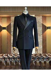 İtalyan Kesim Slim Fit Kruvaze Ceket Pantolon Damatlık Set Siyah T9213 ürün fotoğrafı