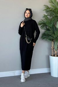 Fitilli Triko Elbise Siyah ürün fotoğrafı