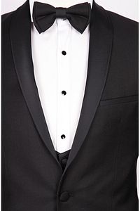 Erkek Slim Fit Damatlık Smokin Şal Yaka Siyah Yelekli Takım Elbise ürün fotoğrafı