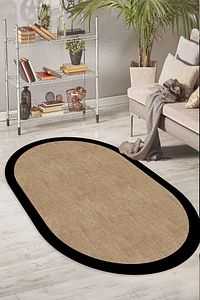 Dijital Kaymaz Yıkanabilir Siyah Jüt Görünümlü Oval Salon Halısı Mutfak Halısı Koridor Halısı Yolluk ürün fotoğrafı