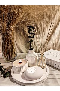 Dekoratif 5li Set Mum Çizgili Vazo Tealight mumluk ve Oda Kokusu Seti ürün fotoğrafı
