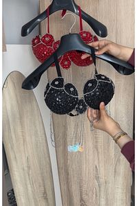 Dansöz iki parçalı oryantal dans pullu zilli siyah elbise kostüm kıyafeti ürün fotoğrafı